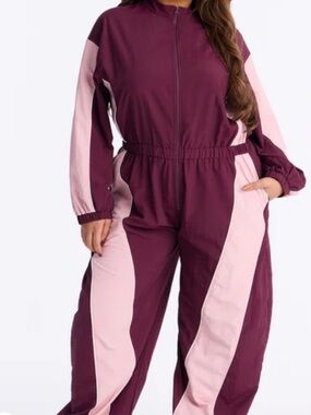 Plus Size Maroon and Light Pink Zip-Front Jumpsuit